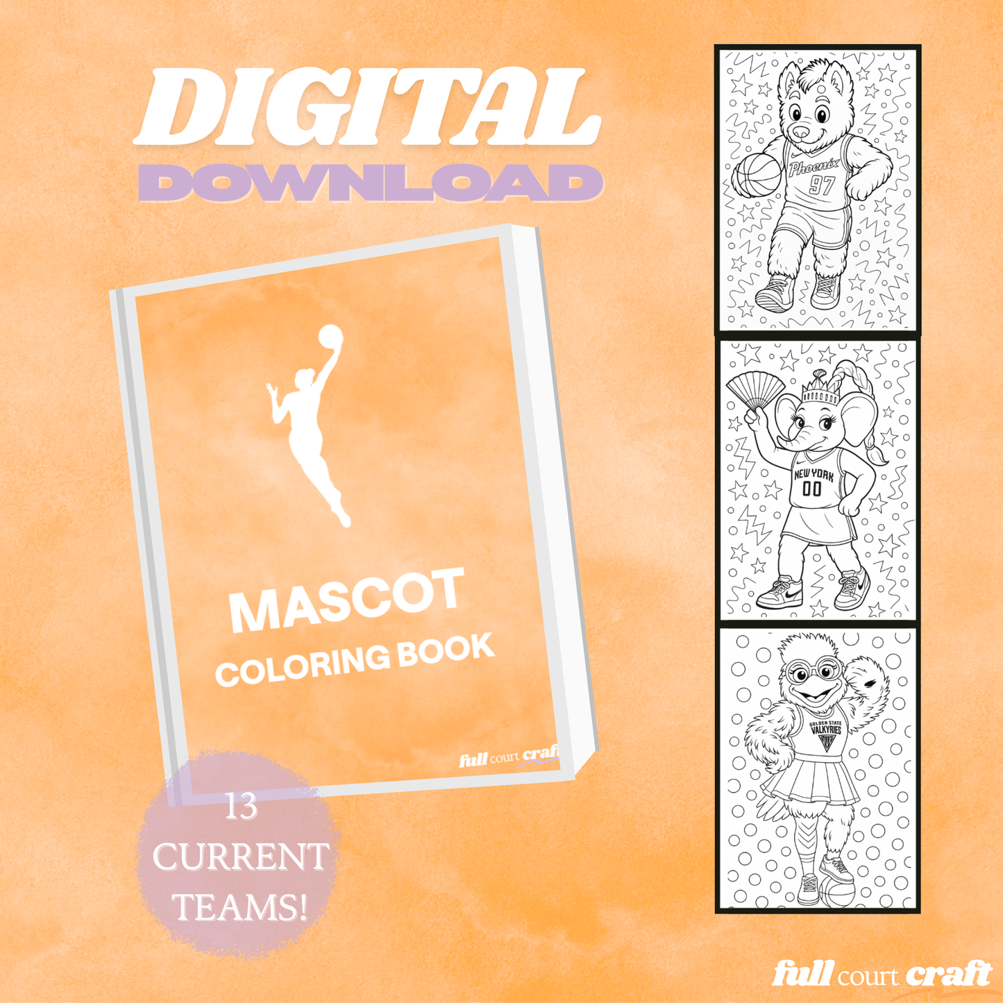 WNBA Mascot Coloring Book | Digital Download