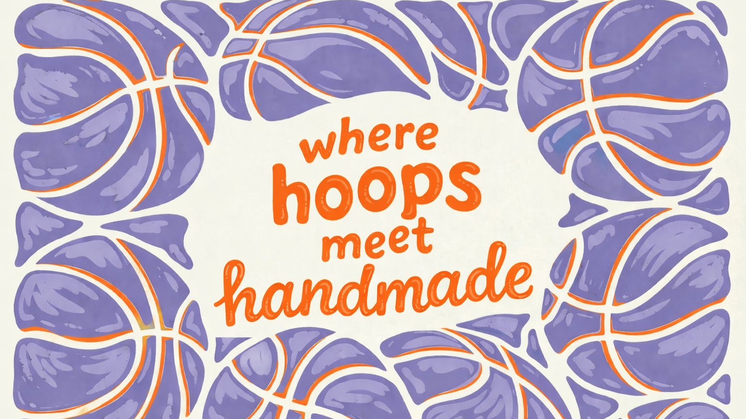 Decorative design with purple basketballs and 'where hoops meet handmade' text on a beige background